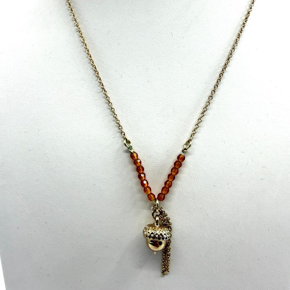 SAQ Gold Tone Acorn Pendant Necklace With Amber Beads Cottagecore Boho Jewelry